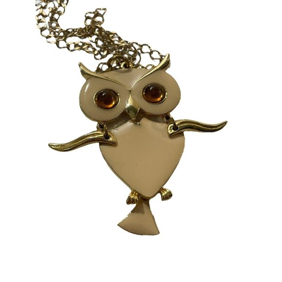 VTG ART Gold Tone Metal Cream Enamel Articulated Jointed Owl Pendant Necklace - Picture 7 of 16